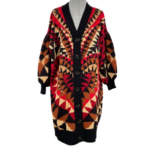 NEW Farm Rio Heart Deco Black Red Maxi Knit Cardigan Oversized Coatigan Sweater - Picture 1 of 15